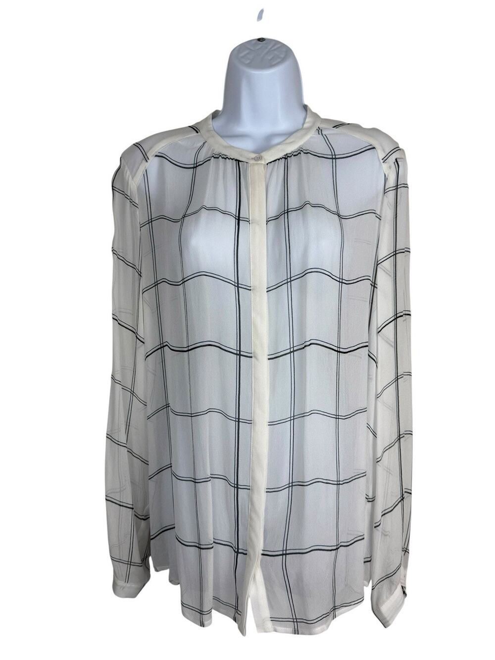 InWear Top Womens 12 Blouse Ivory Black Windowpane Plaid Sheer Oversized Shirt